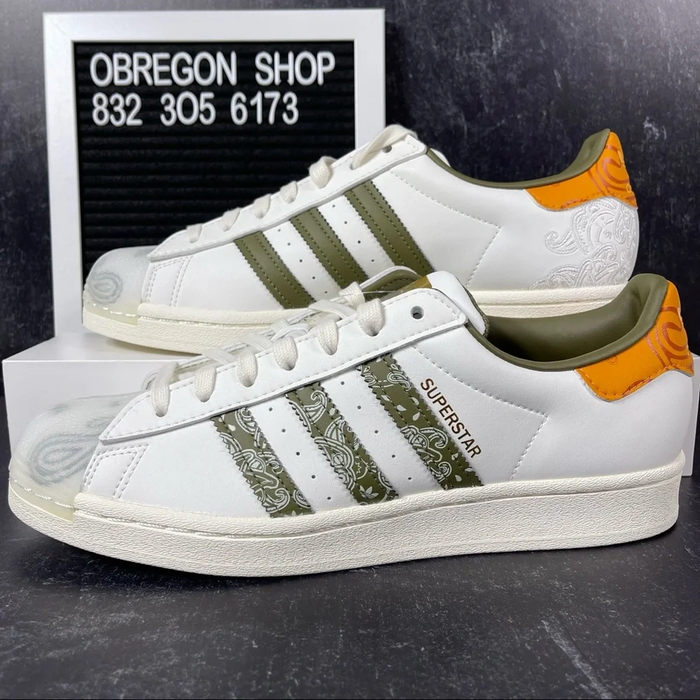 ADIDAS SUPERSTAR BANDANA OFF WHITE FOCUS ORANGE MENS SHOES SIZE 8 GREEN NEW - Picture 1 of 10